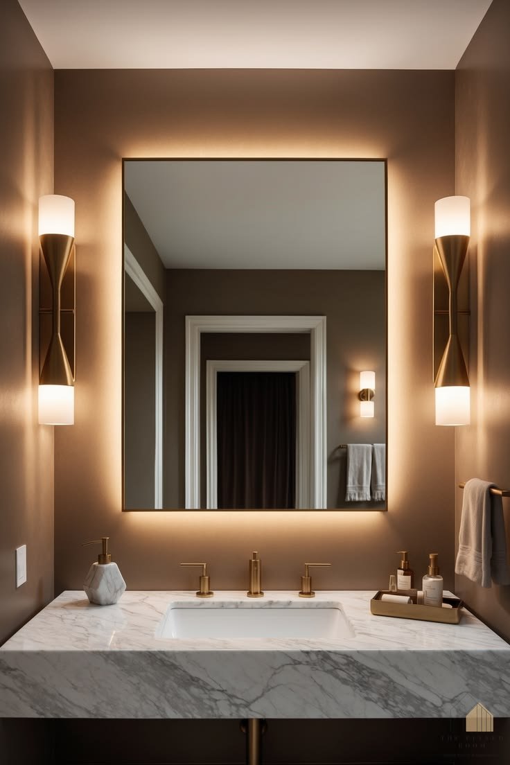 Modern bathroom with backlit mirror, brass sconces and marble vanity