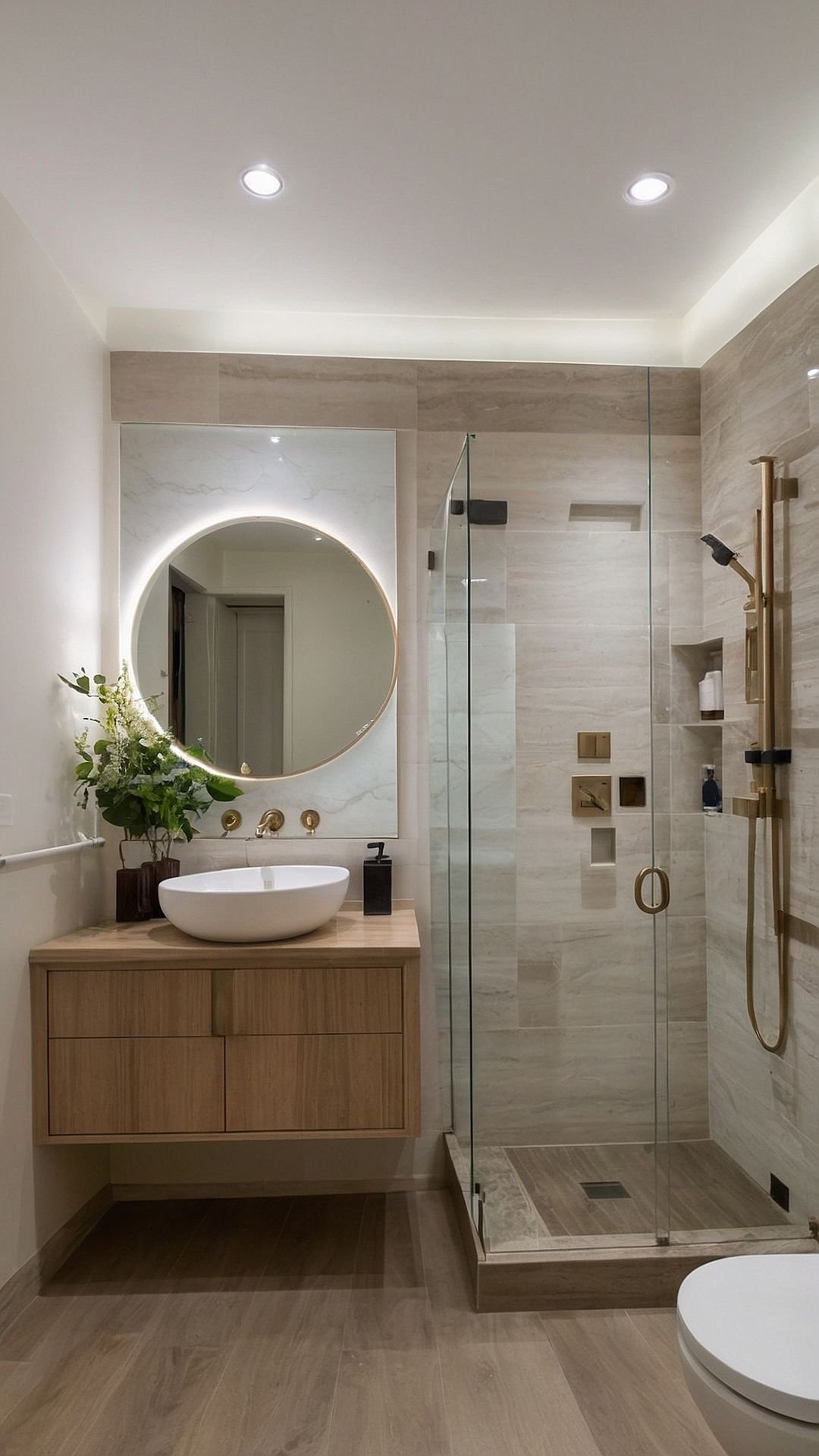 Small bathroom renovation with round backlit mirror, glass shower, wood vanity and brass fixtures
