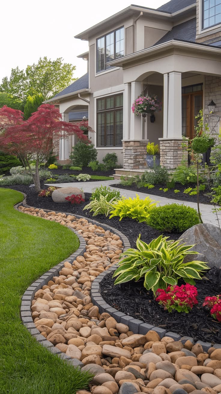 Front yard landscape with rock border, hostas, red maple tree and stone walkway