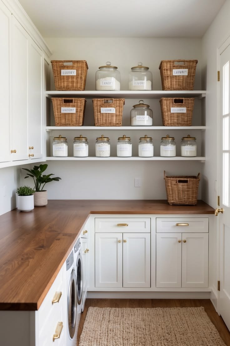 Laundry room with wicker baskets, glass jars and white shelves over wood counter
