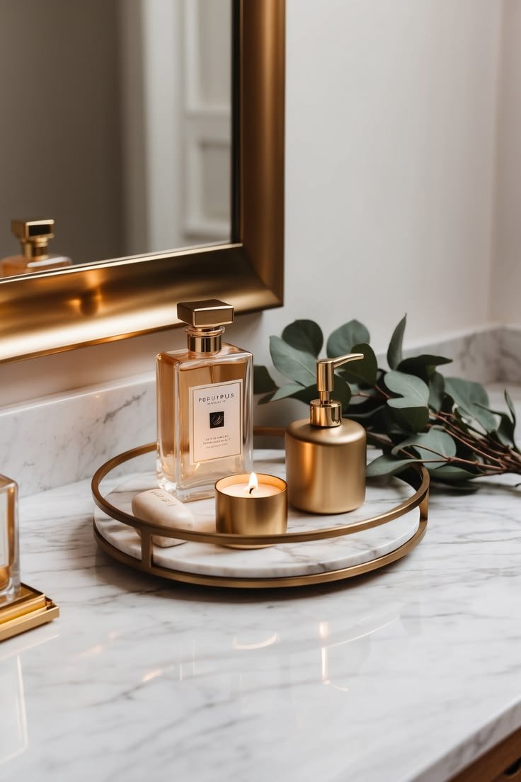 Brass tray with candles, perfume and soap on marble bathroom counter