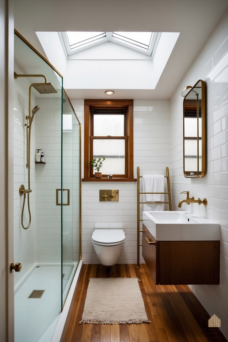 Small bathroom with skylight, white subway tile, walnut vanity and brass fixtures