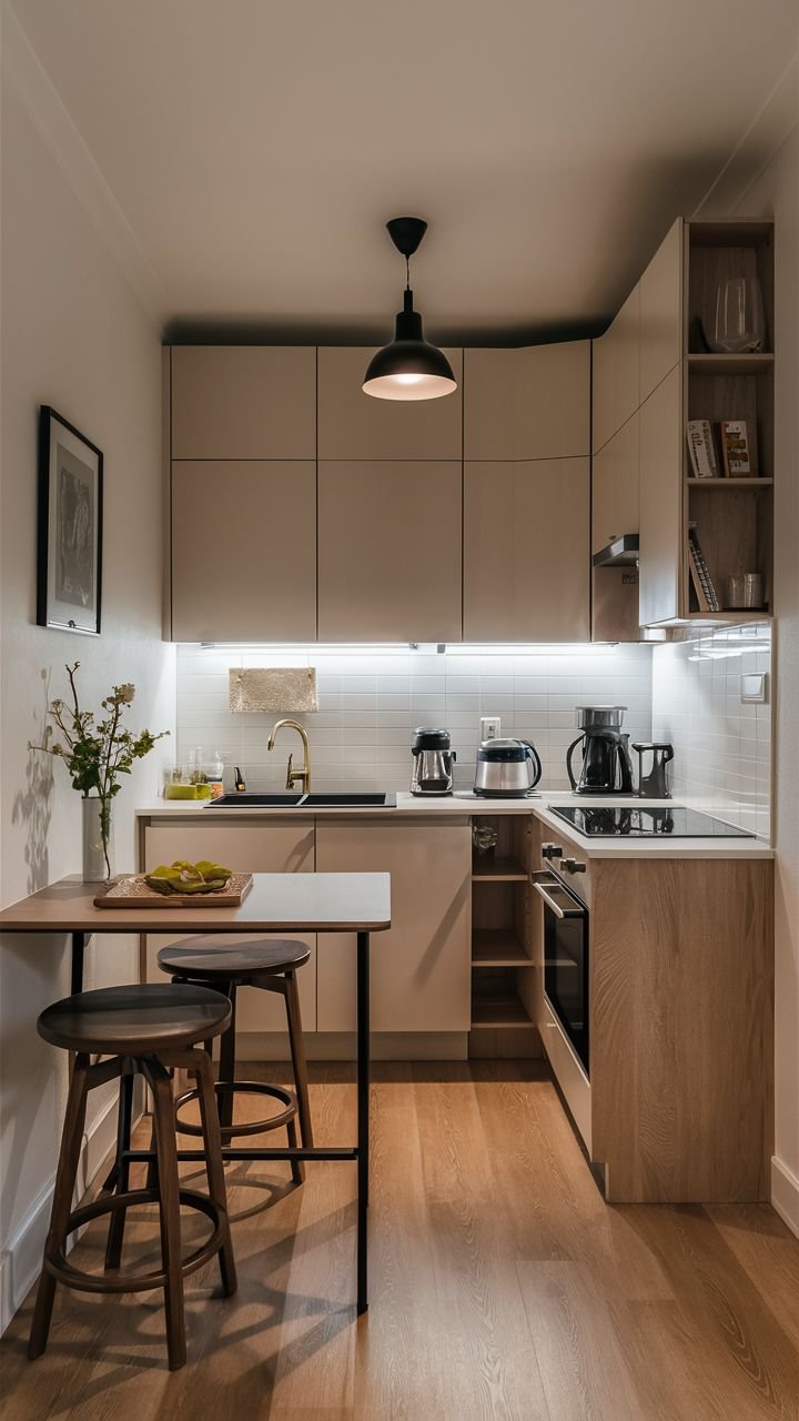 Small apartment kitchen with pendant light, wooden stools and compact counter