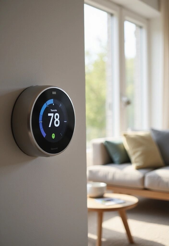Smart thermostat mounted on wall showing 78 degrees with living room in background