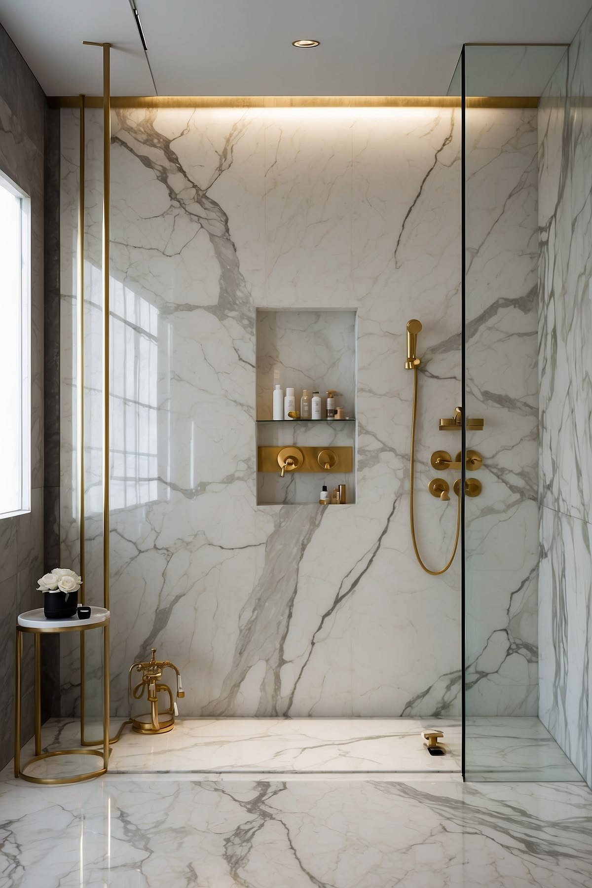 Luxury walk-in shower with white marble walls, brass fixtures, recessed niche and glass panel
