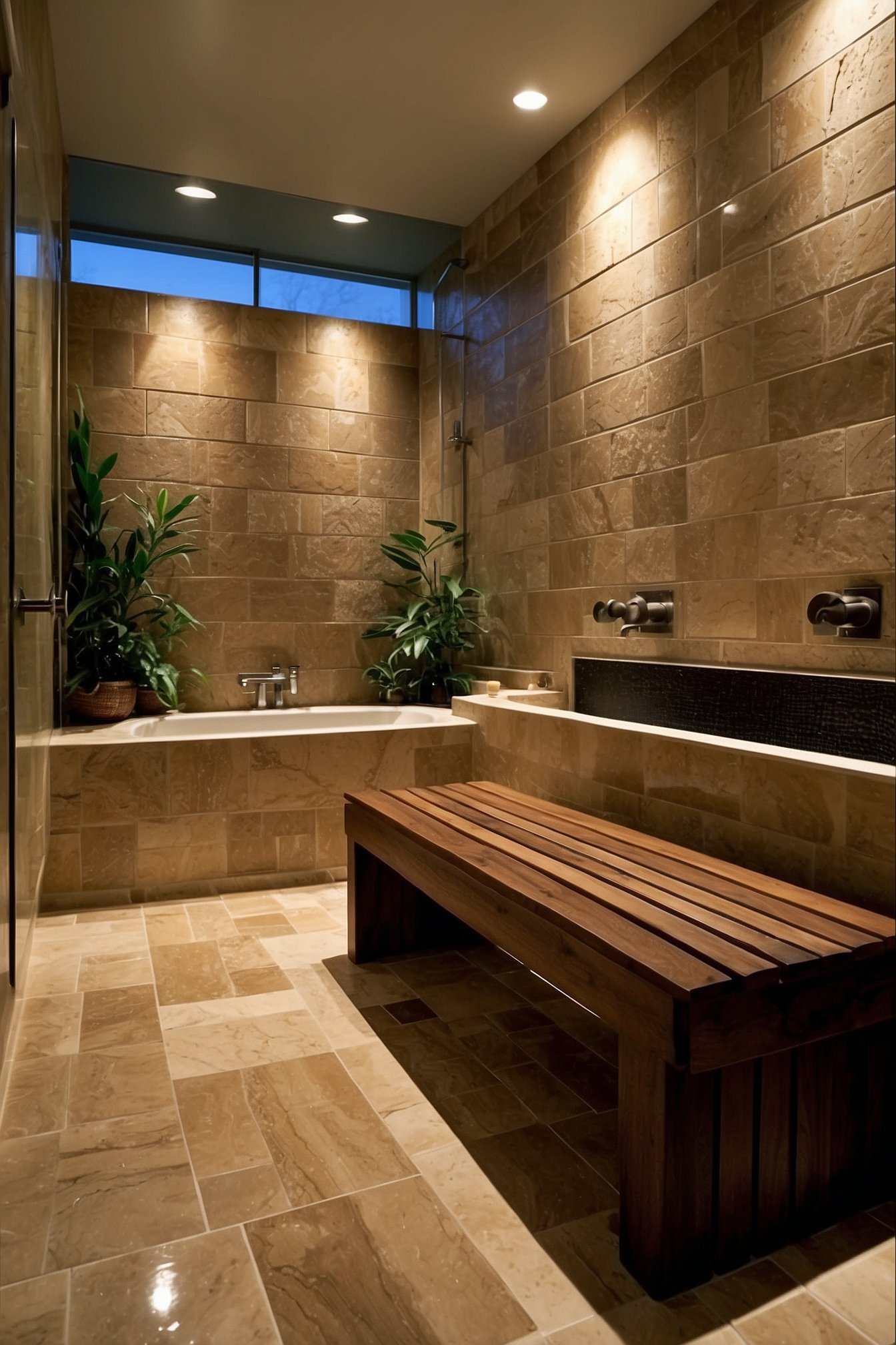 Spa-style primary bathroom with elegant freestanding bathtub and walk-in shower