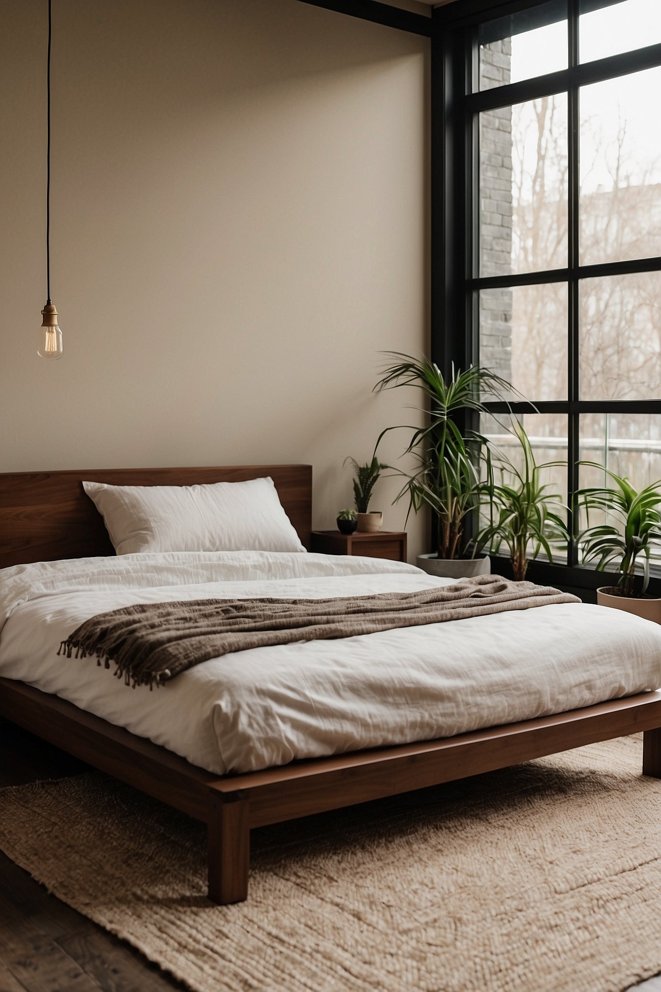 Modern minimalist bedroom with walnut platform bed, linen bedding and warm natural light