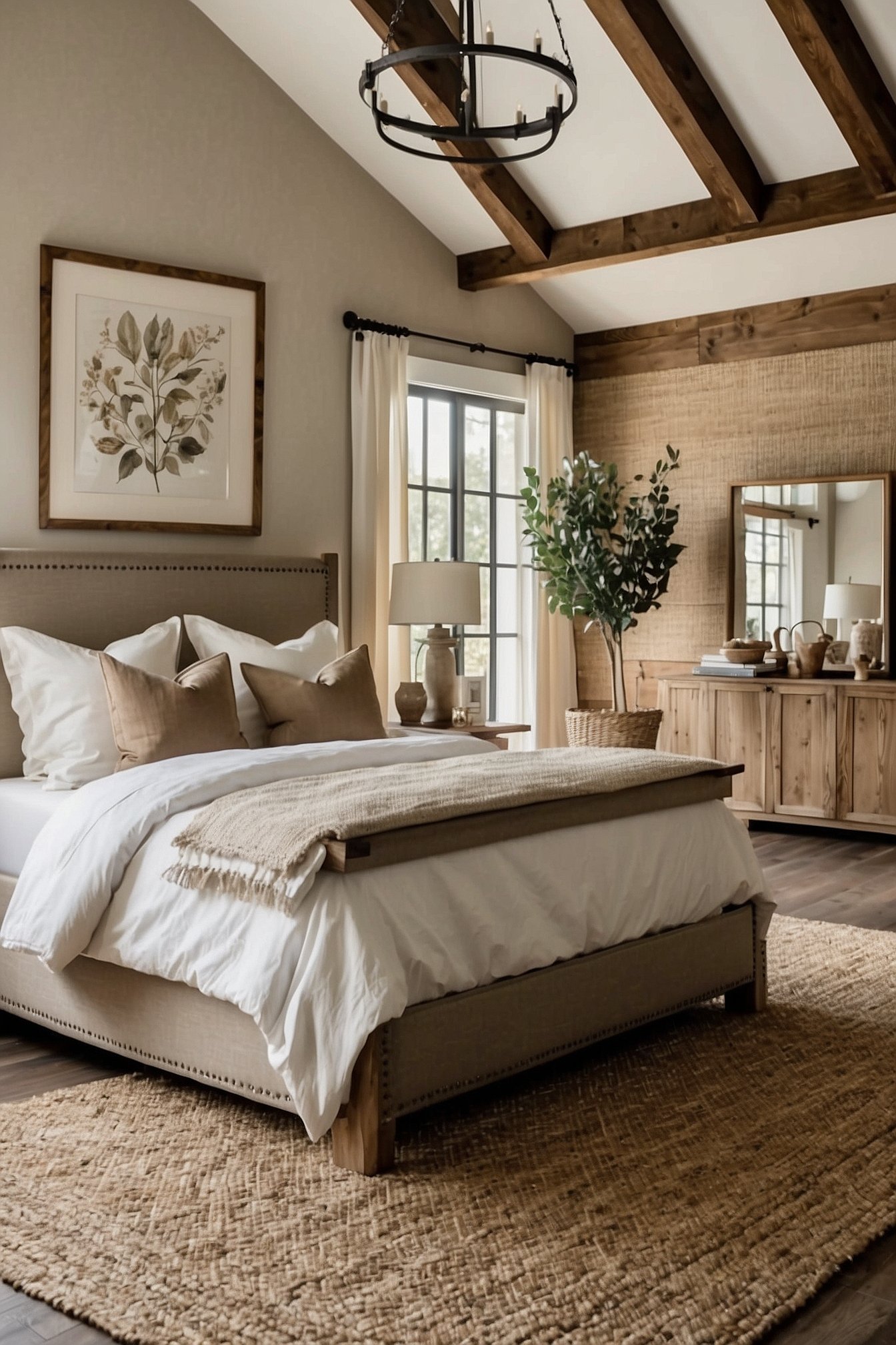 Textured braided jute rug with thick visible braids in farmhouse bedroom