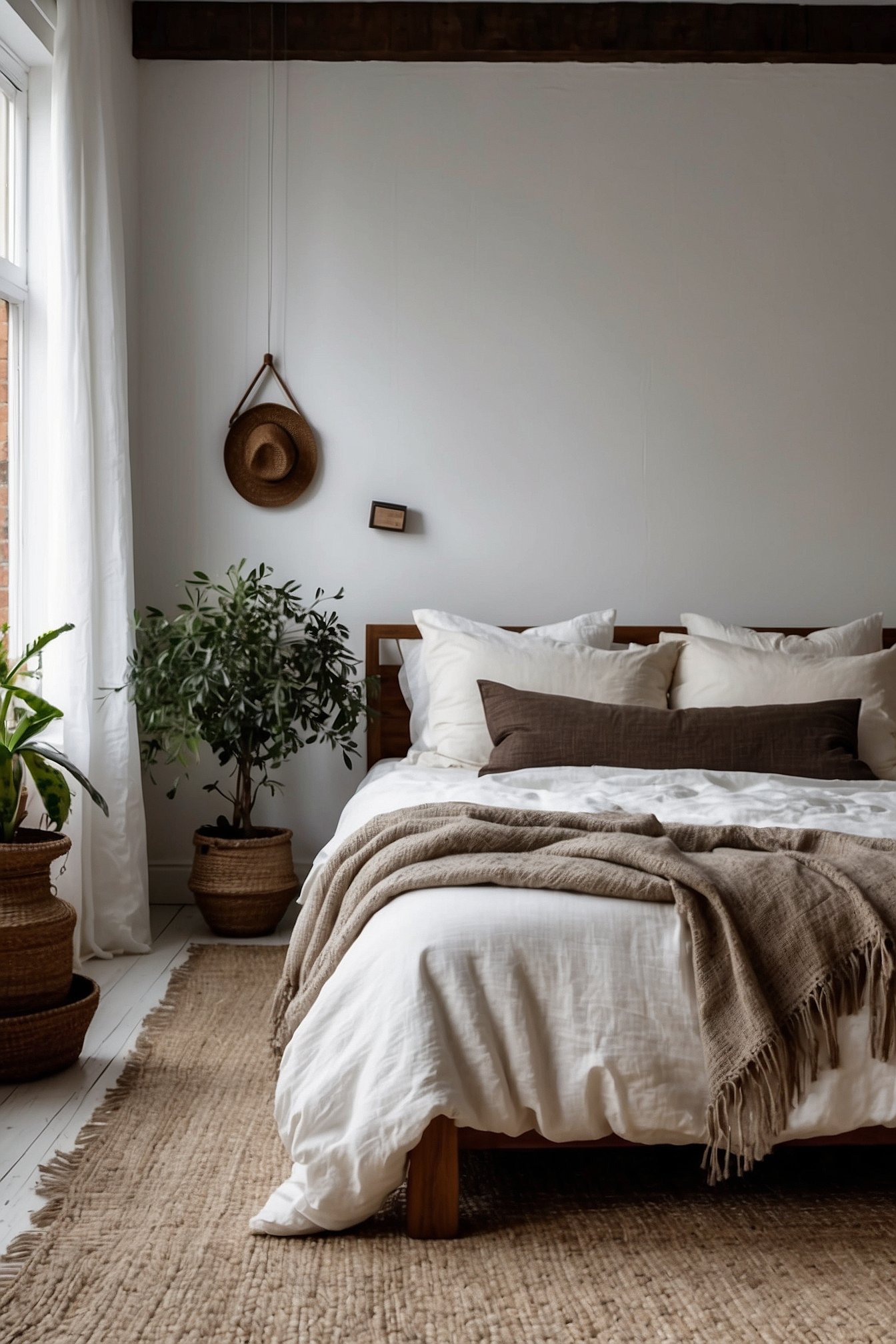 Scandinavian bedroom with white linen bedding, wood headboard, jute rug and olive plant