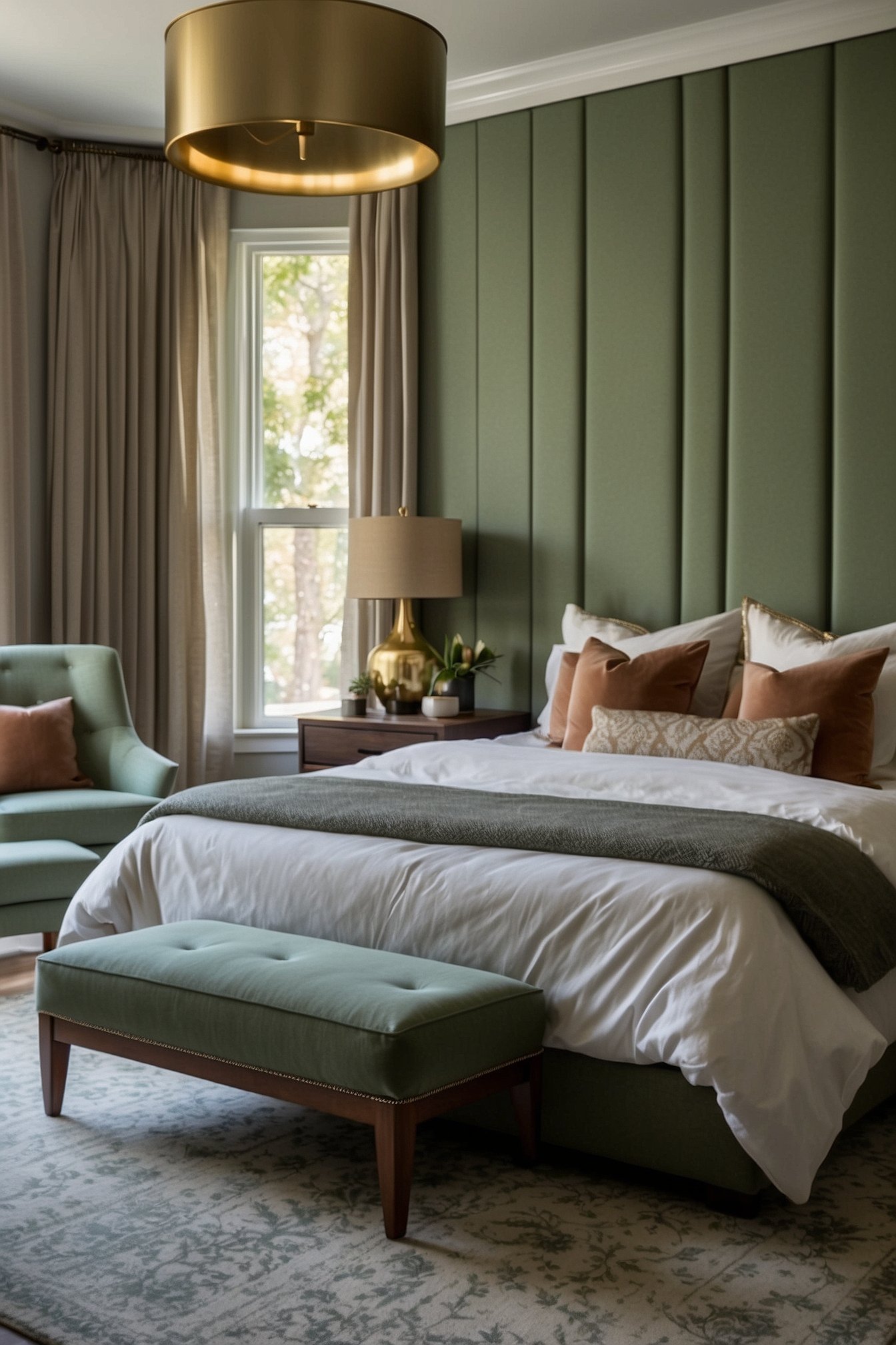 Earthy cozy bedroom with sage green accent wall, brass chandelier, rust pillows and tufted ottoman