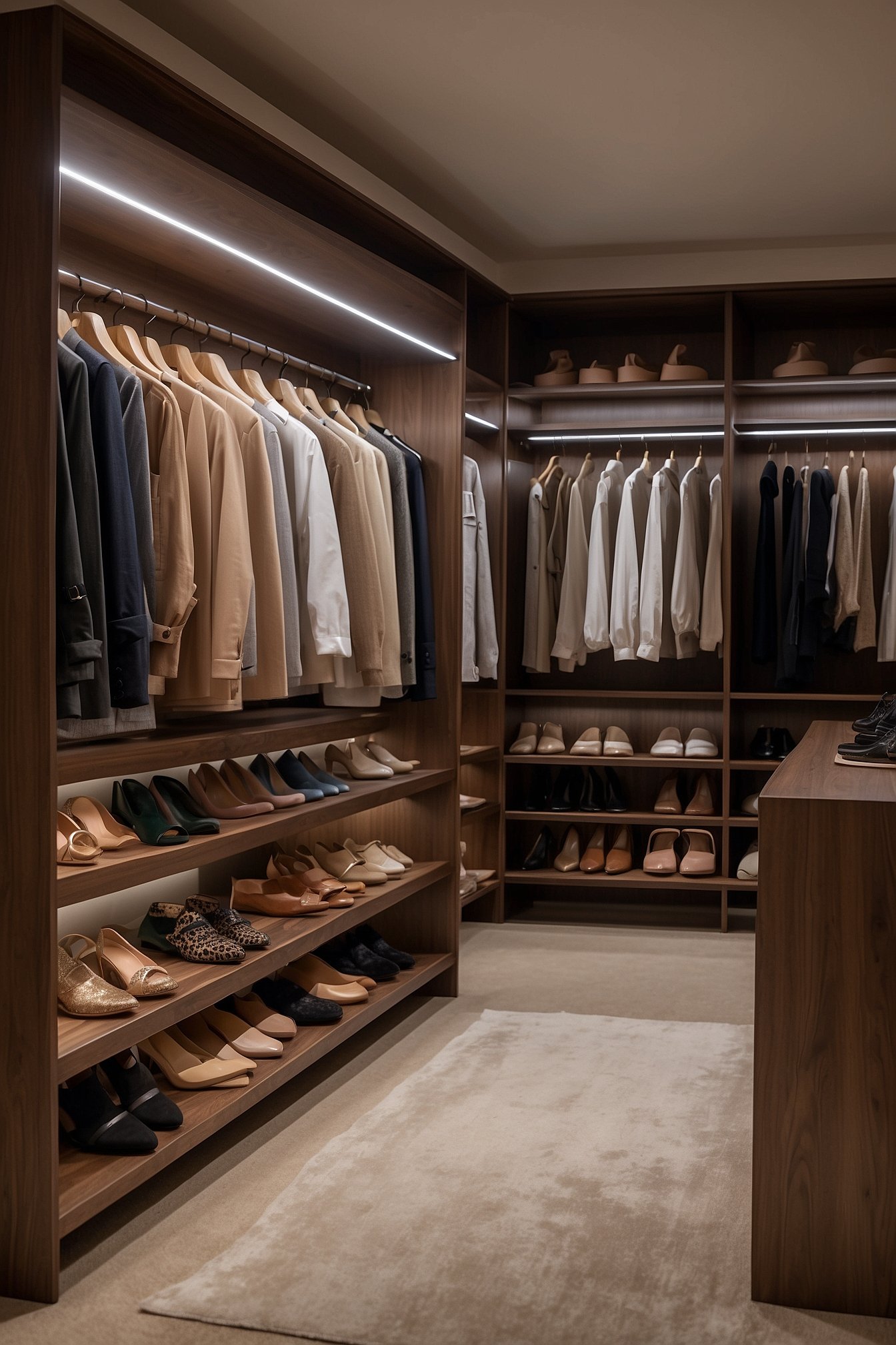 Luxury walk-in closet with walnut shelves, LED lighting and curated shoe display