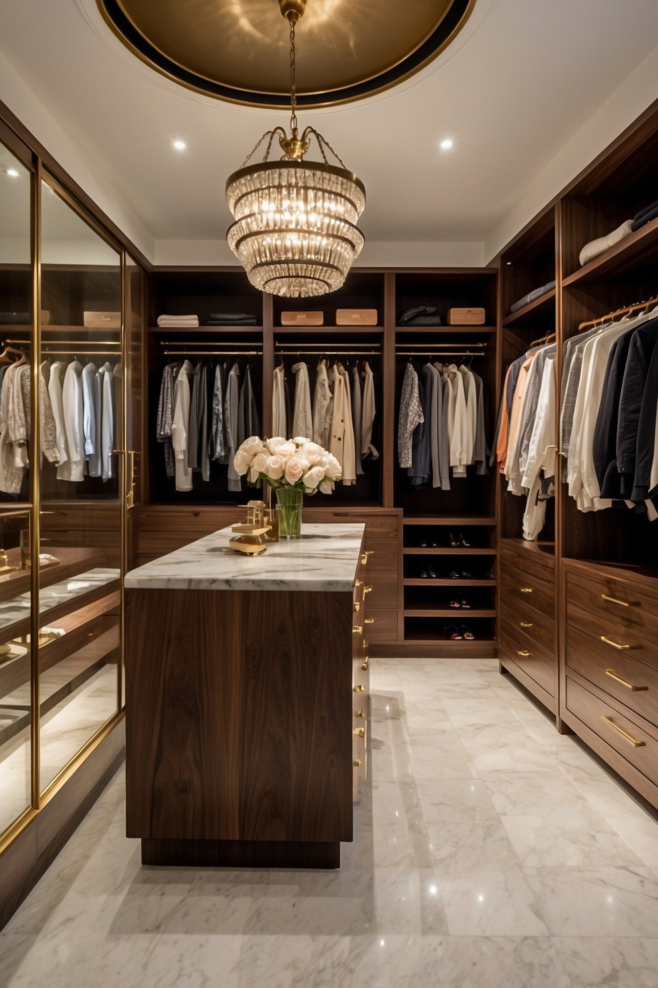 Matching wood hangers in his and hers closet
