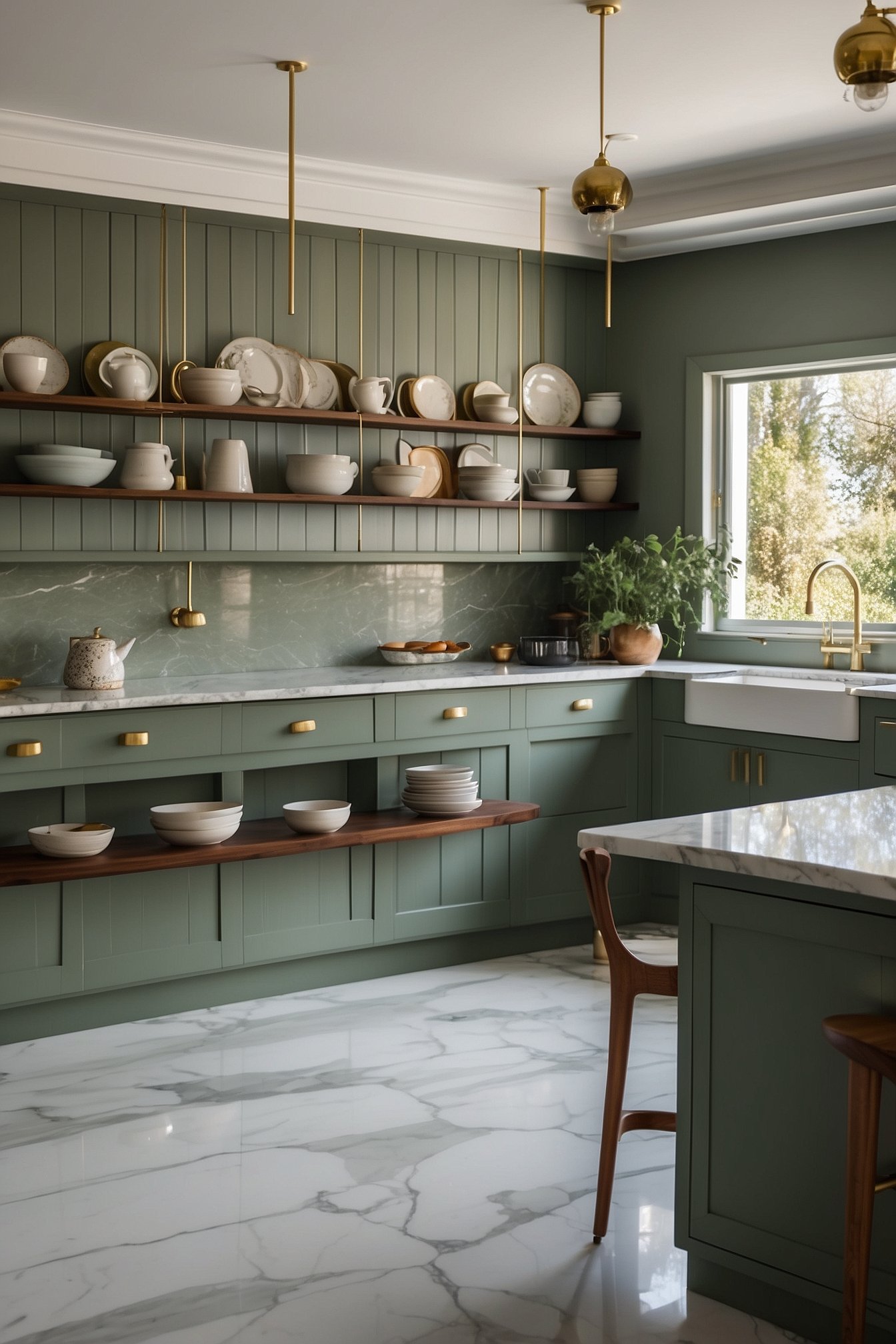 Sage green kitchen island with styled countertop touches and warm wood accents