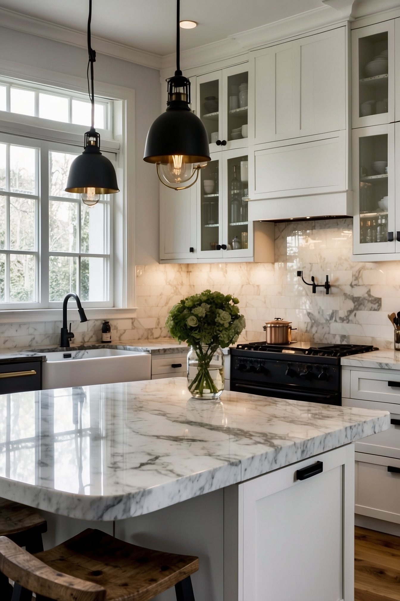 Classic white kitchen with black pendants, farmhouse apron sink and marble slab backsplash