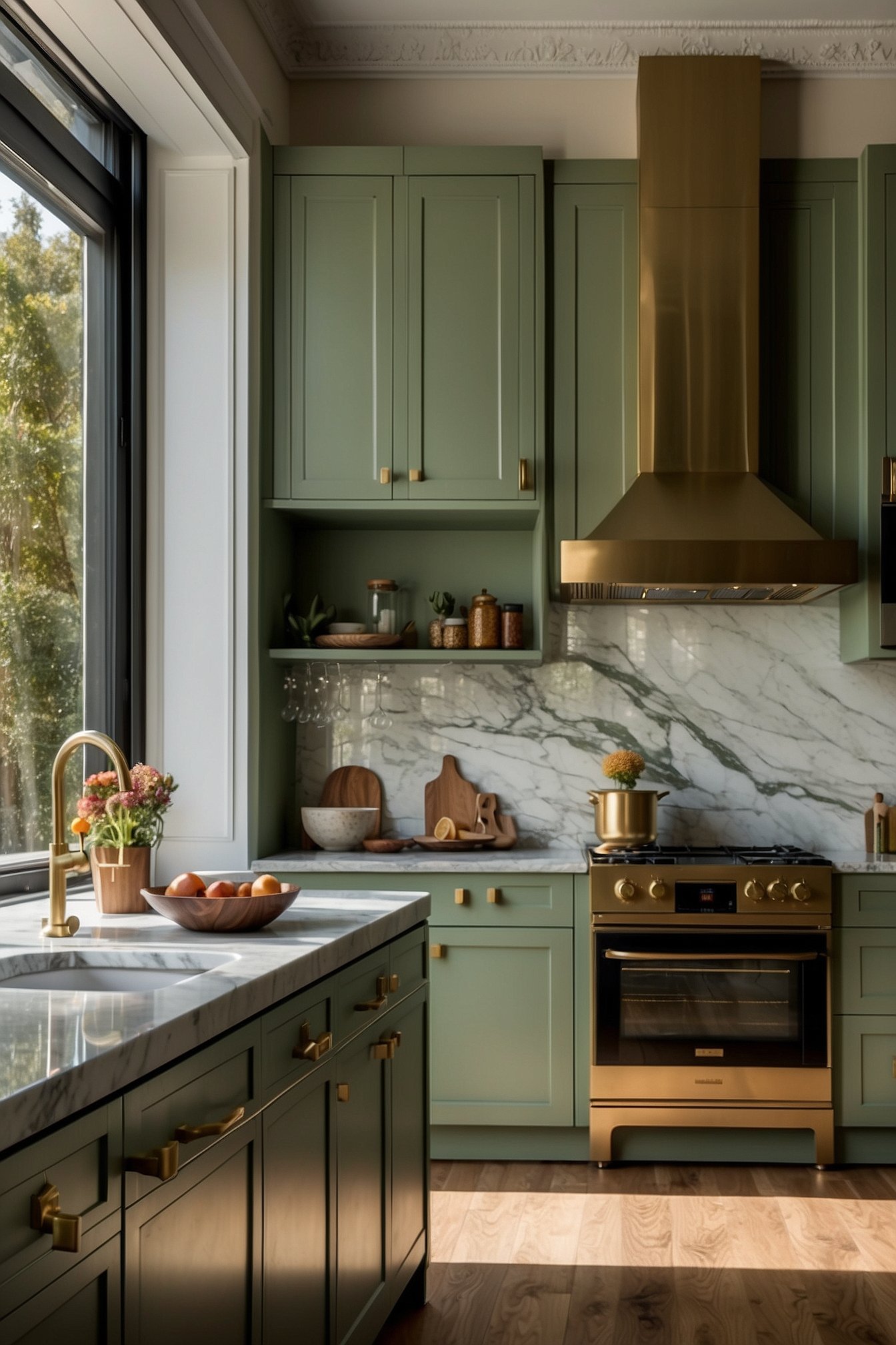 Sage green galley kitchen with brass range hood, marble backsplash and gold stove
