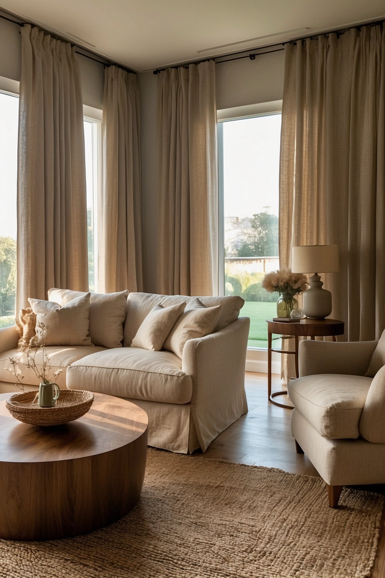 Walnut round side table beside cream linen sofa with ceramic lamp on top
