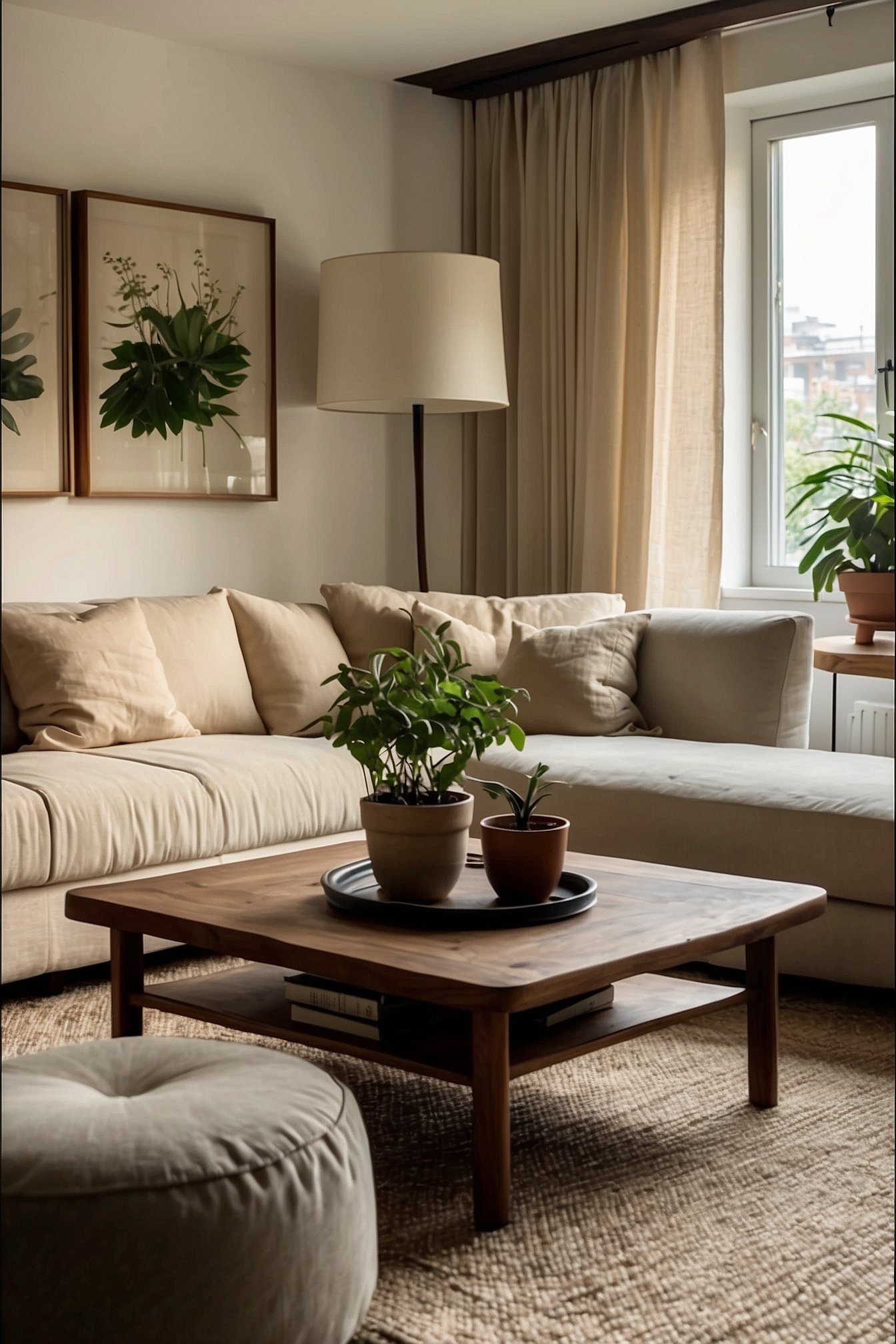 Japandi living room with cream sofa, warm wood coffee table, lamp and plants