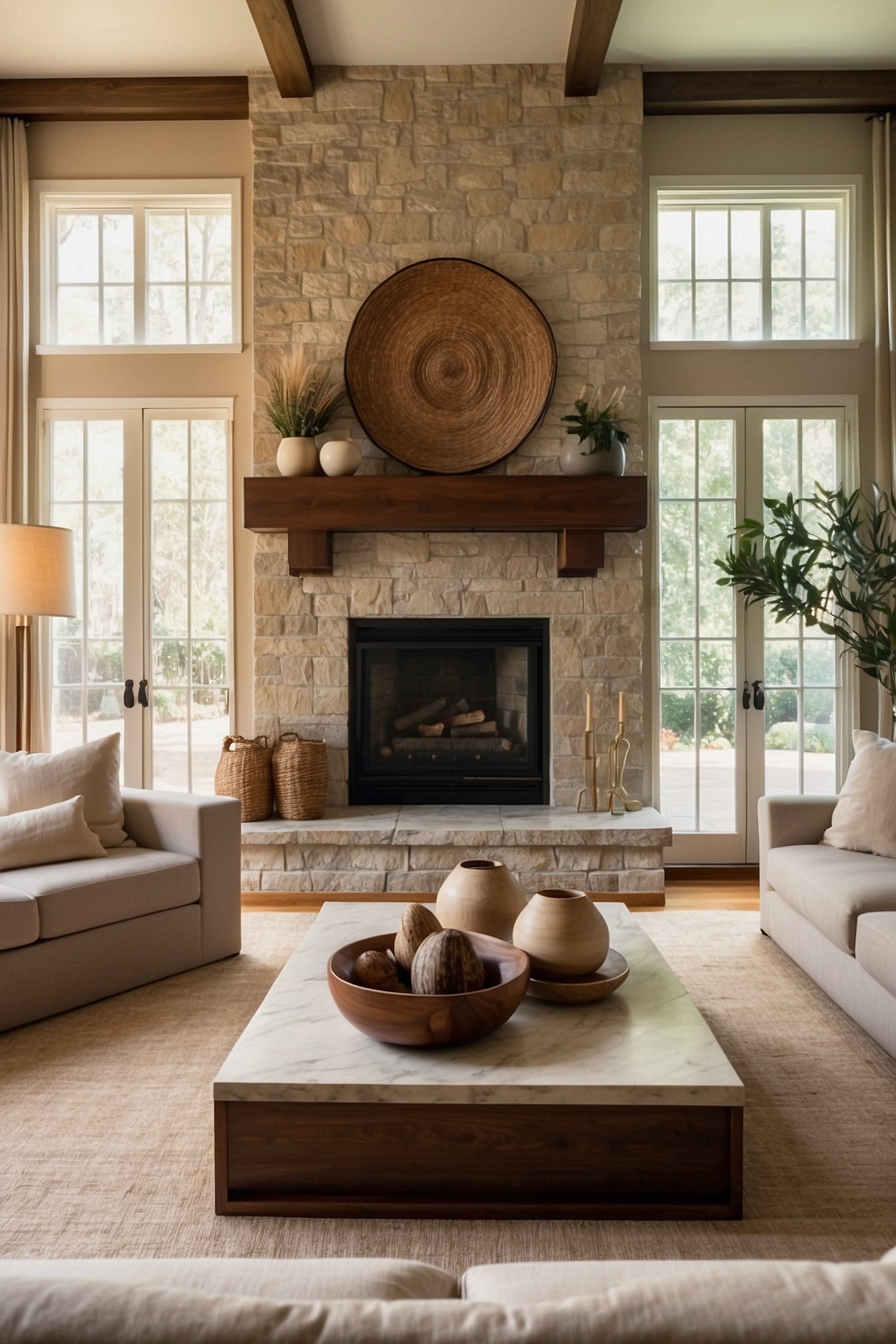 White painted brick fireplace in warm neutral living room