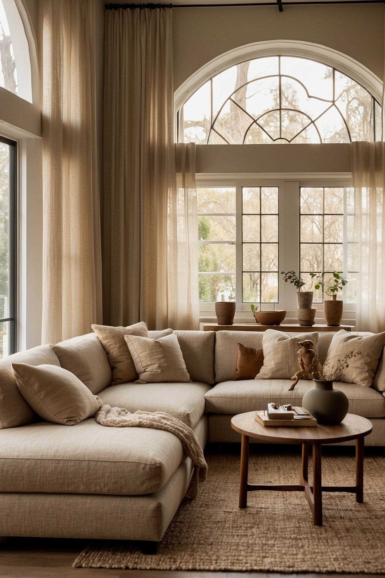Arched window with linen curtain