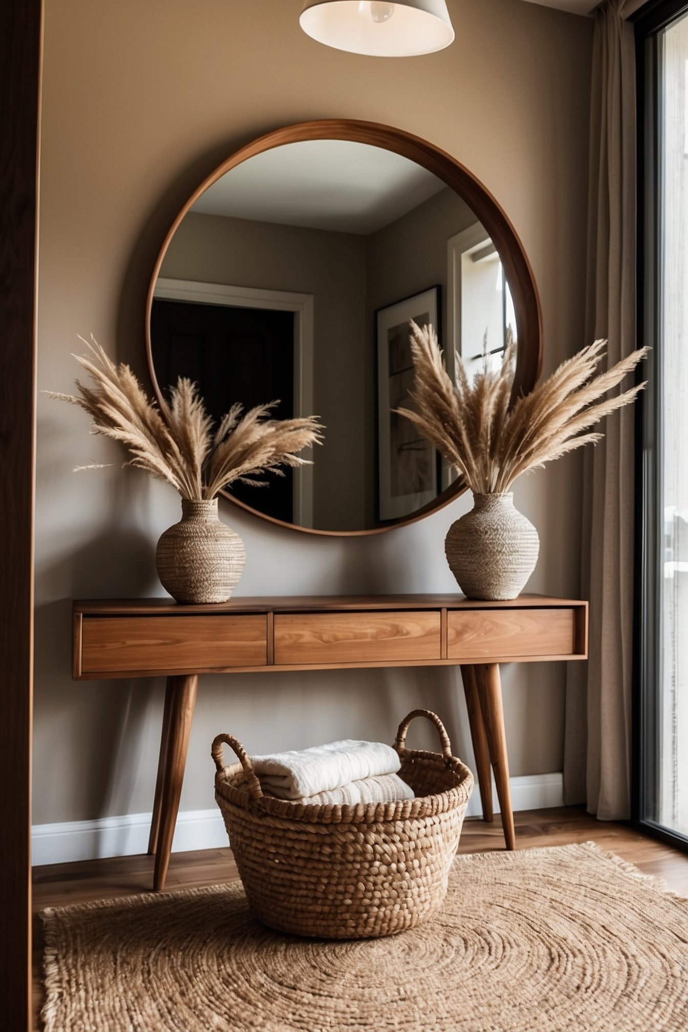 Warm neutral entryway with walnut console table, round wood-framed mirror and woven basket