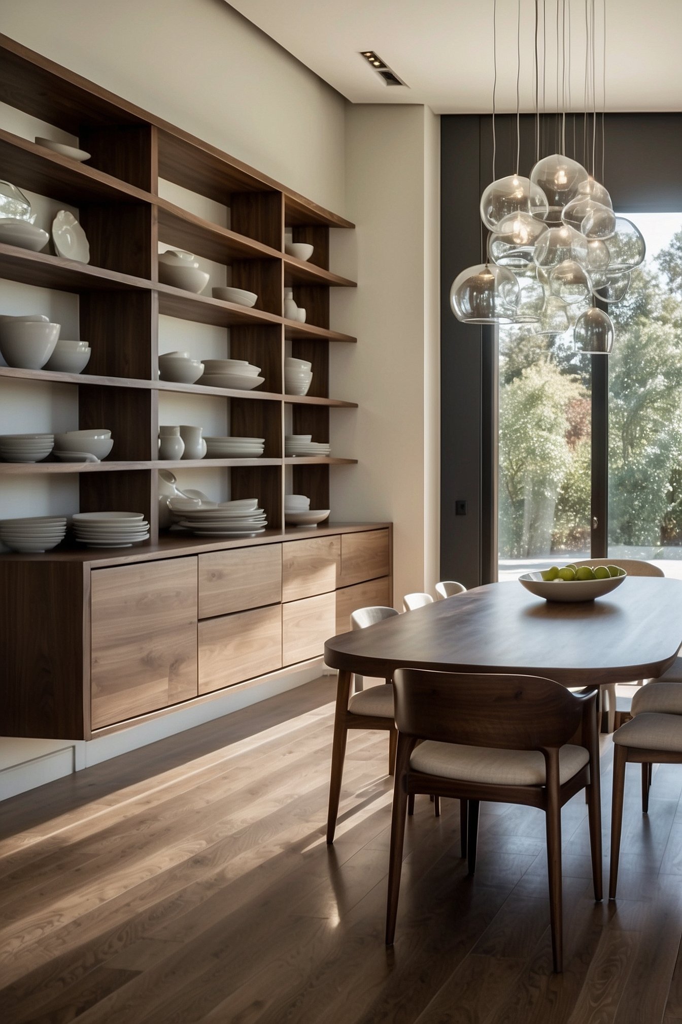 Walnut floating shelves in entryway holding decor and baskets