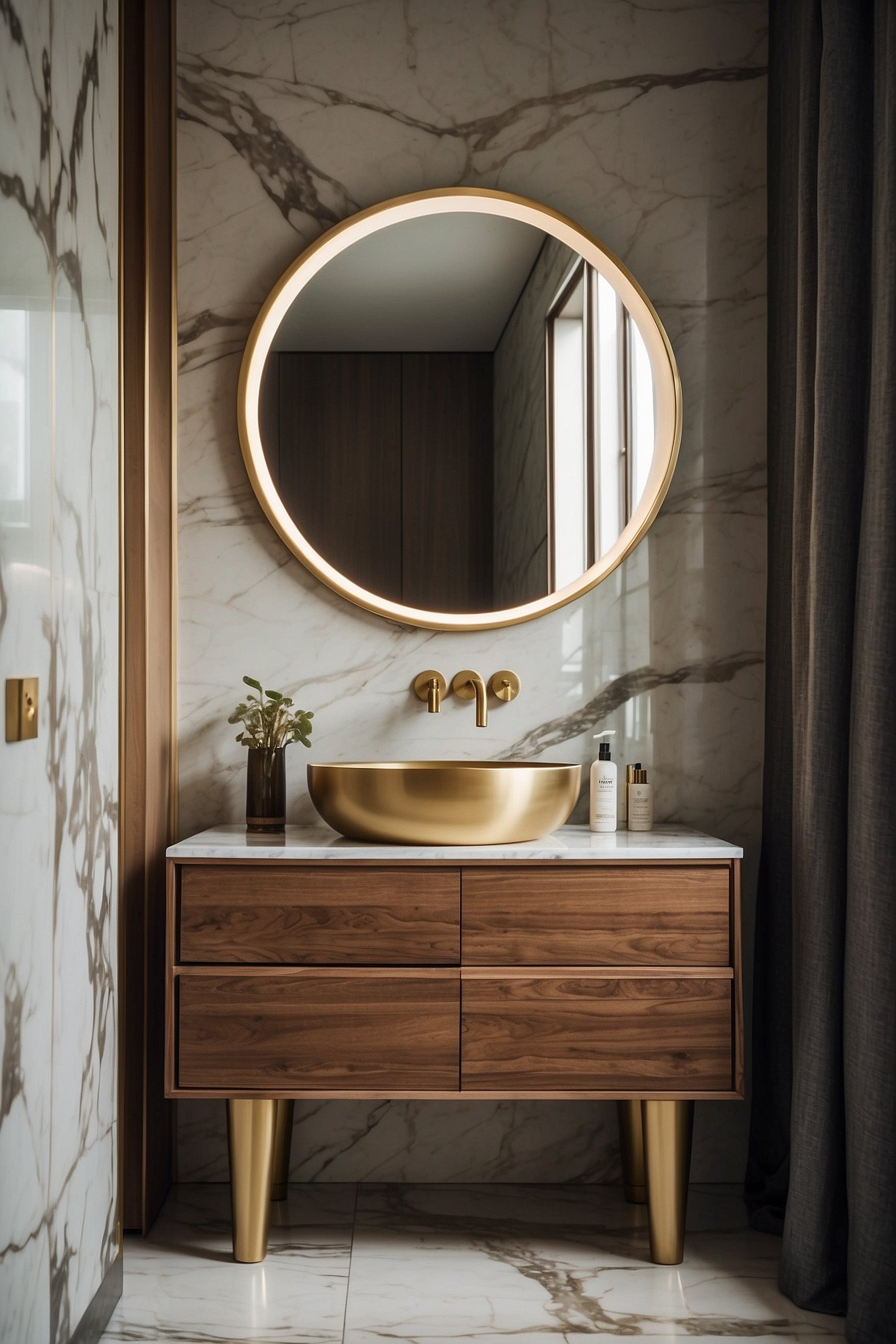 Classic 5x7 small bathroom layout with floating vanity and shower tub