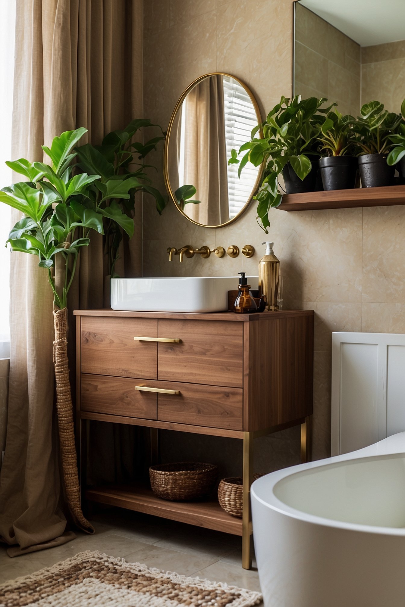 Narrow galley bathroom layout with long vanity and corner shower