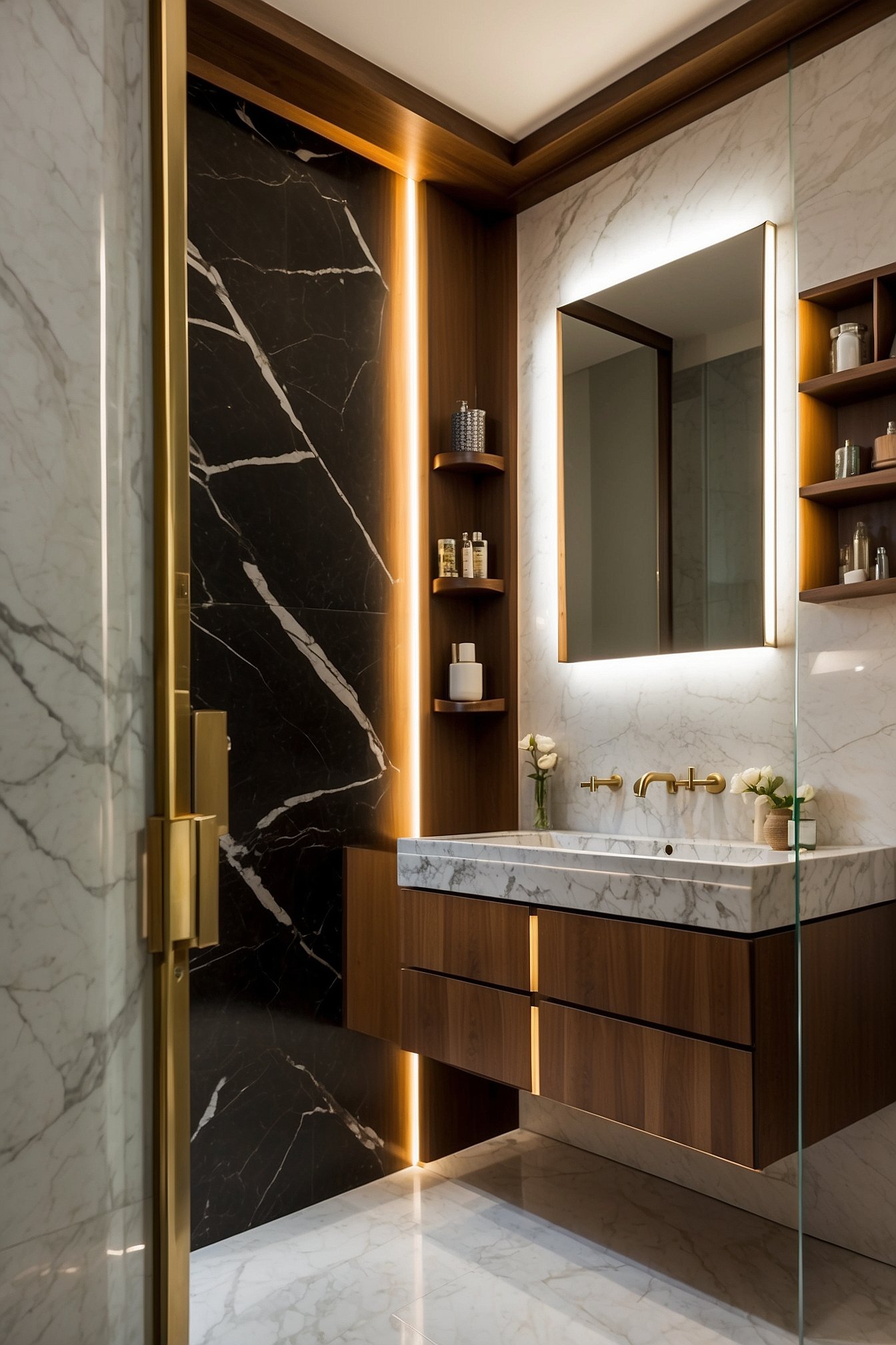 Small bathroom with walnut niche shelves, LED backlit mirror, black marble and brass accents