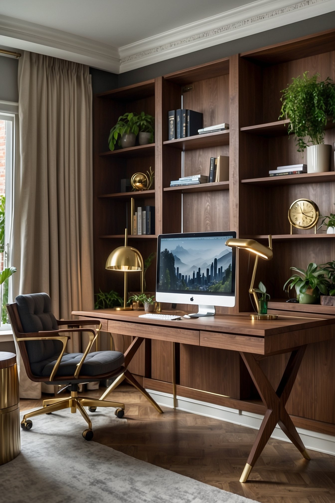 Home office setup with desk and lamp