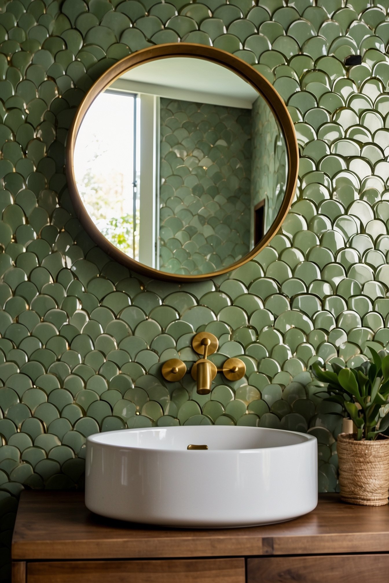 Sage green bathroom wall paint with brass fixtures