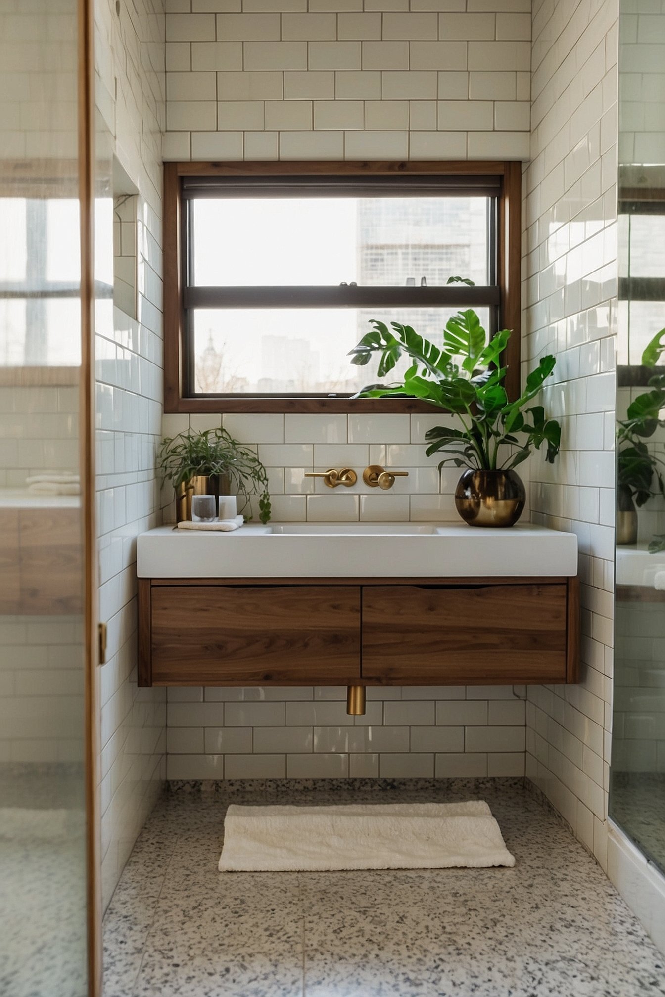 White subway tile vertical stack with dark grout