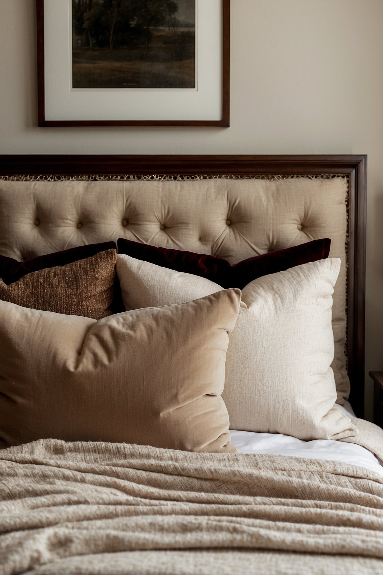 Layered textured throw pillows in sage green and cream on a made bed