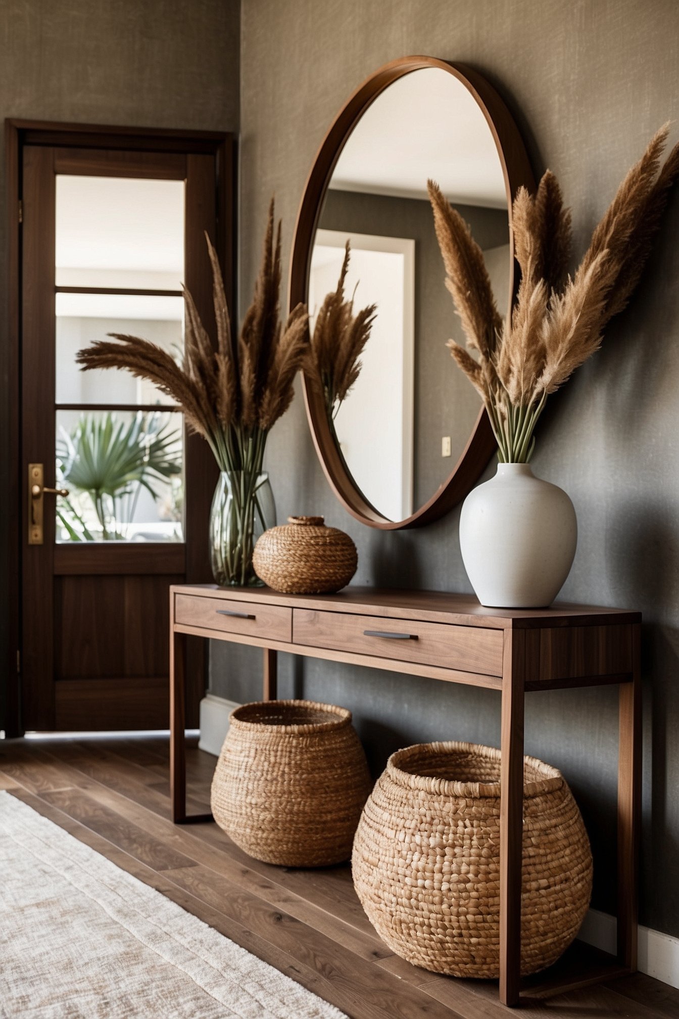 Woven rattan umbrella stand in entryway corner