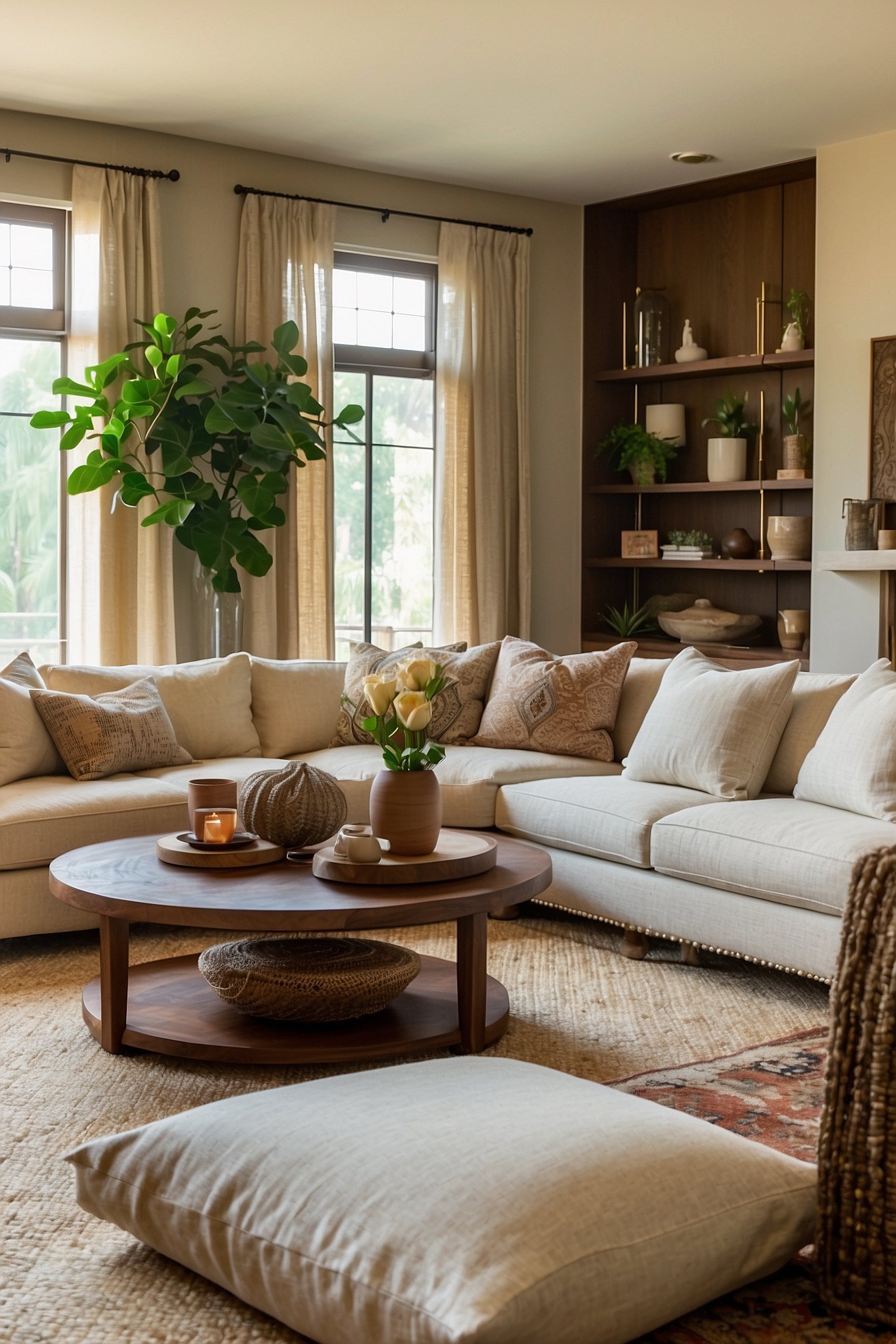 Layered throw pillows in mixed textures