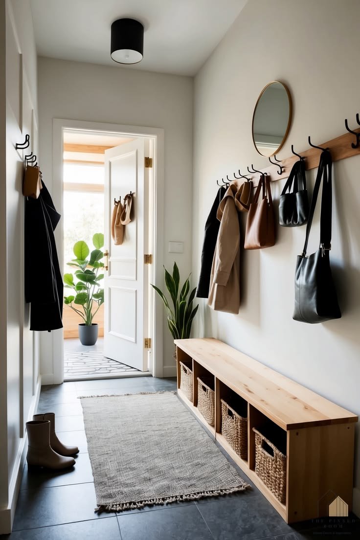 Modern entryway with bench, hooks and baskets