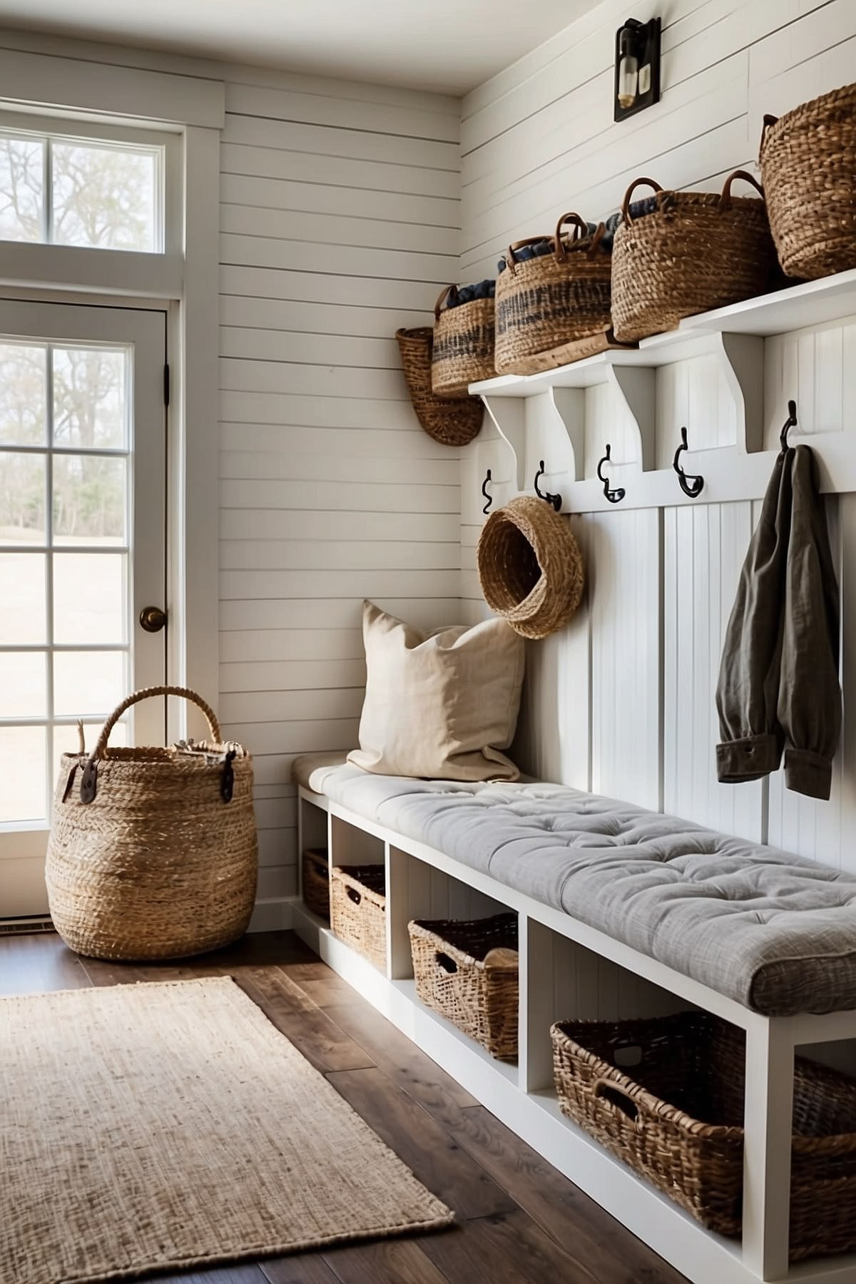Farmhouse mudroom with baskets, bench, coat hooks and jute runner