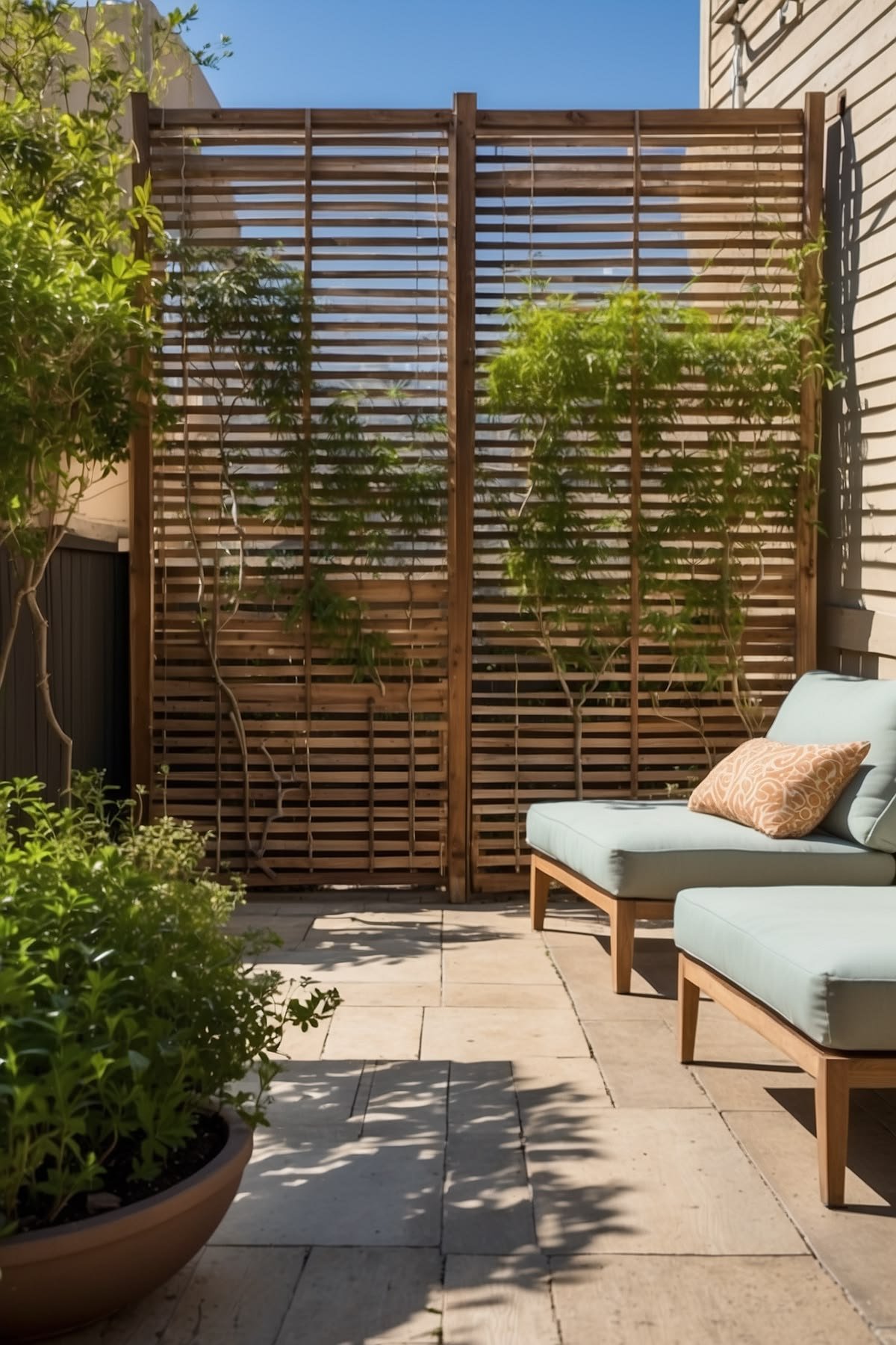 Outdoor patio with wooden trellis, pale green cushions and potted plants