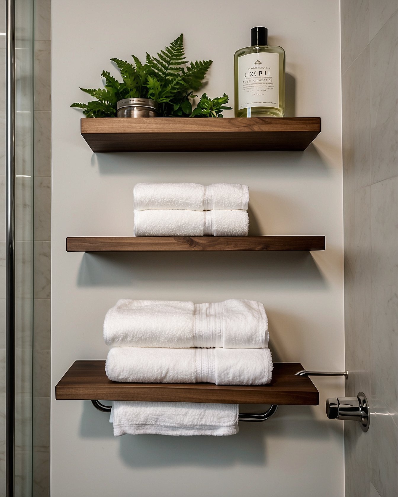 AMADA walnut floating shelves above toilet in bathroom