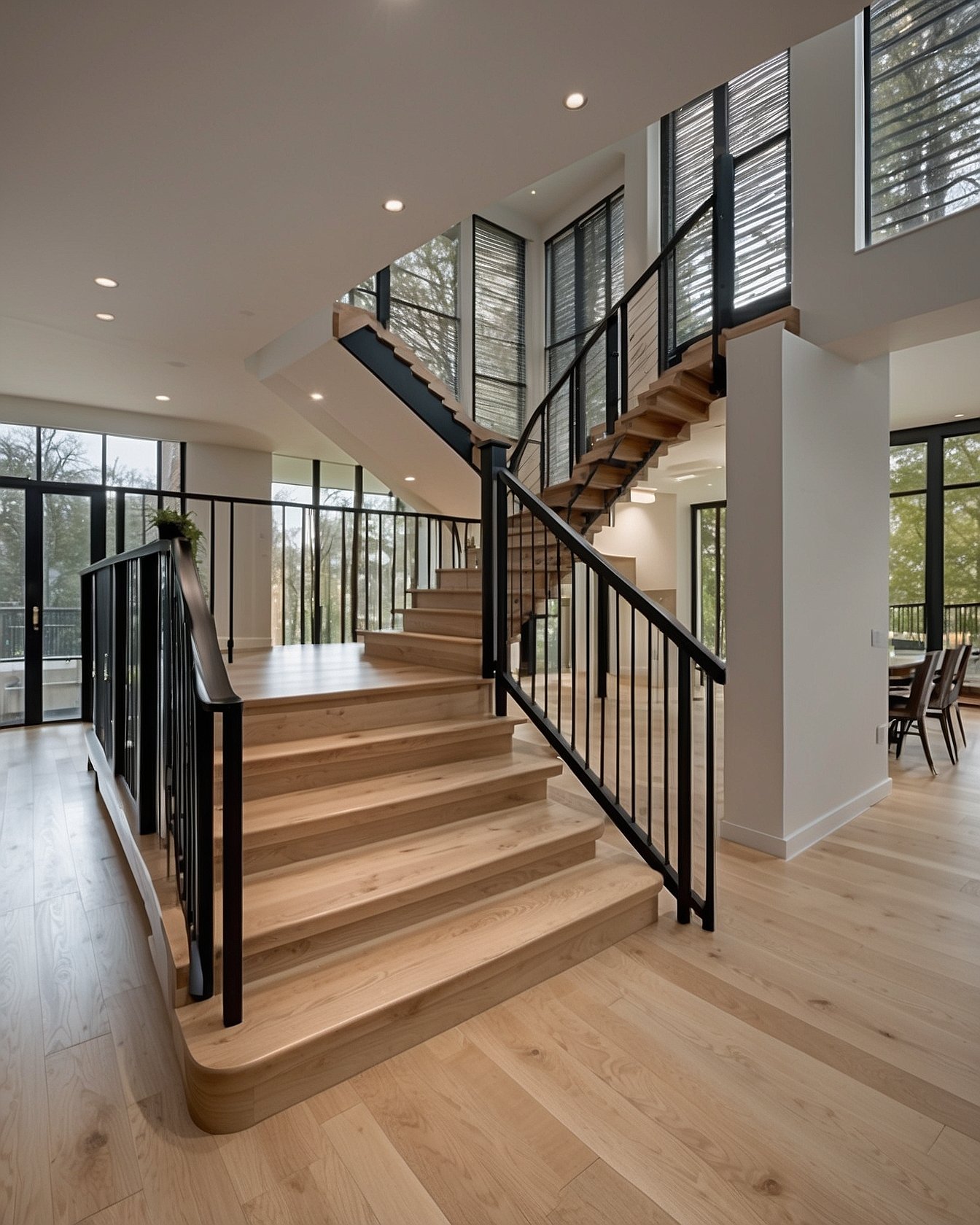 Slim black metal railings and balusters on modern staircase