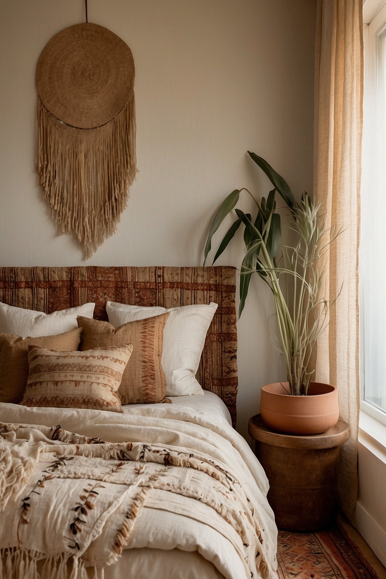 Bohemian cozy bedroom with macrame wall hanging, rattan, layered textiles and warm tones