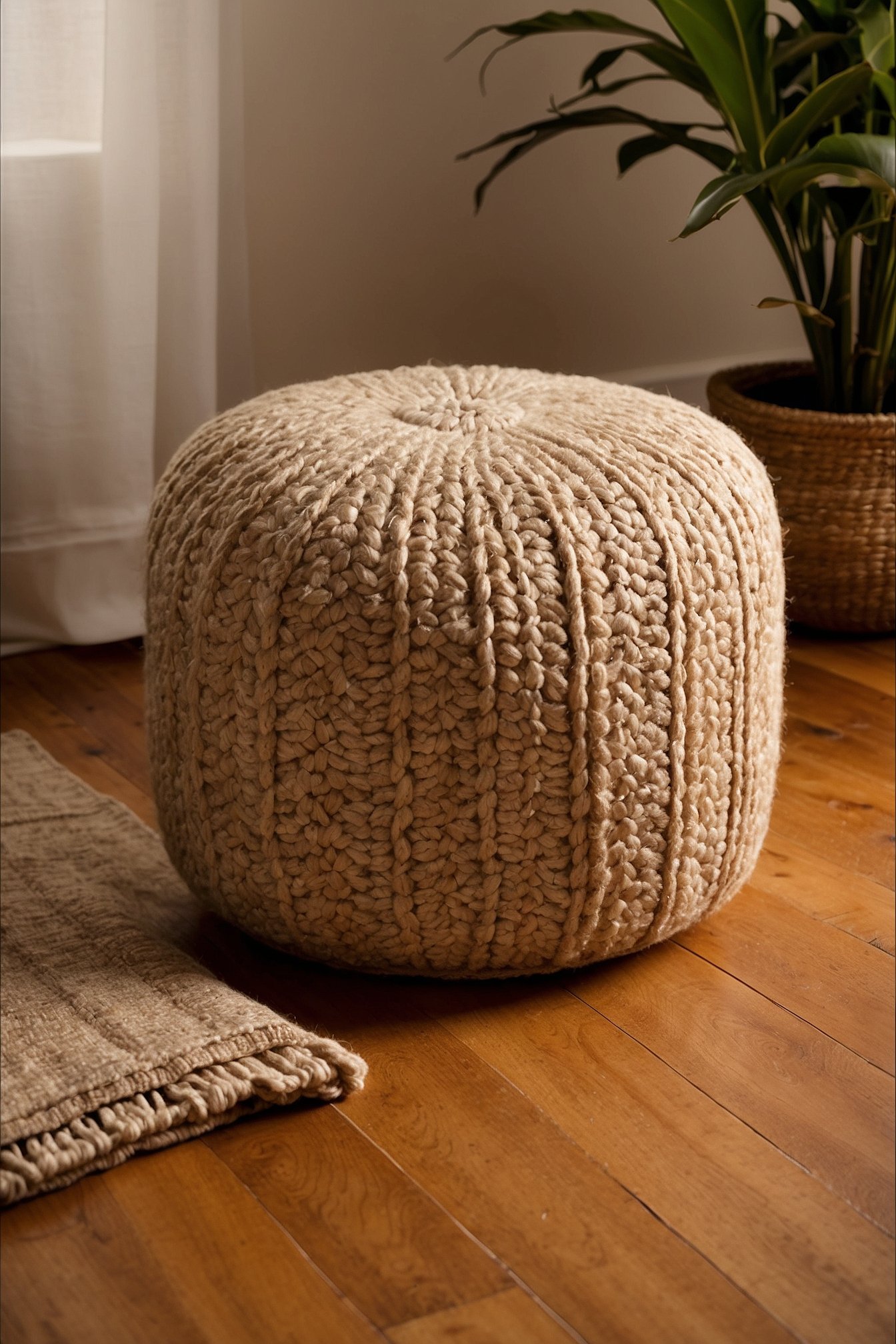 Round braided jute pouf at the foot of a bohemian bed with linen bedding