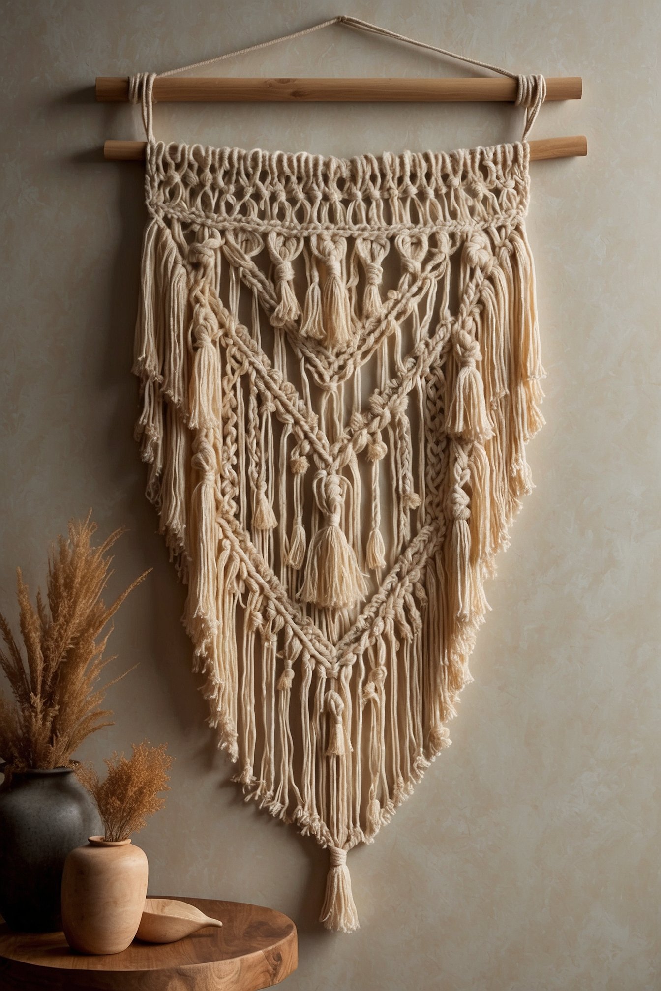 Large cream macrame wall hanging mounted above a low wood headboard in a bohemian bedroom