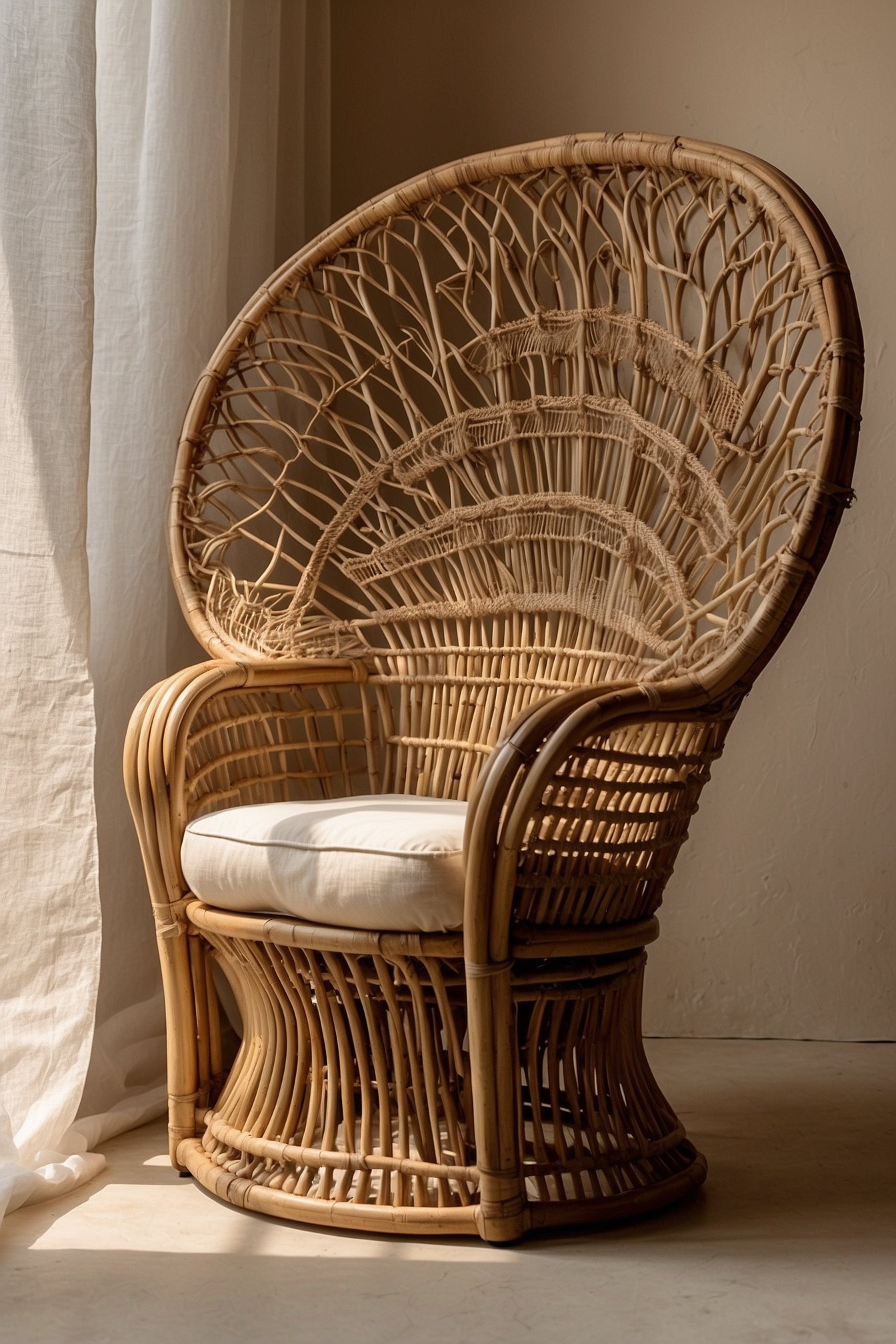 Rattan accent chair with cream cushion in a bohemian bedroom reading corner