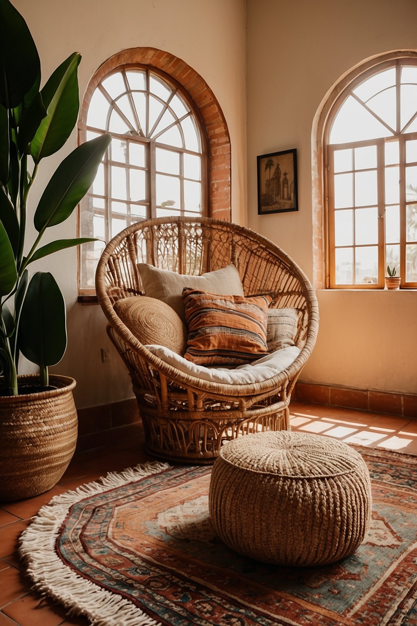 Cozy bedroom reading nook with rattan chair, terracotta pillows, jute pouf and warm window light