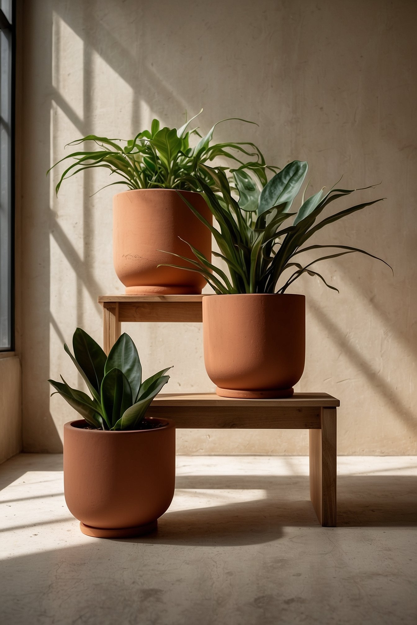 Set of three terracotta planters with succulents and a snake plant styled on a bedroom dresser