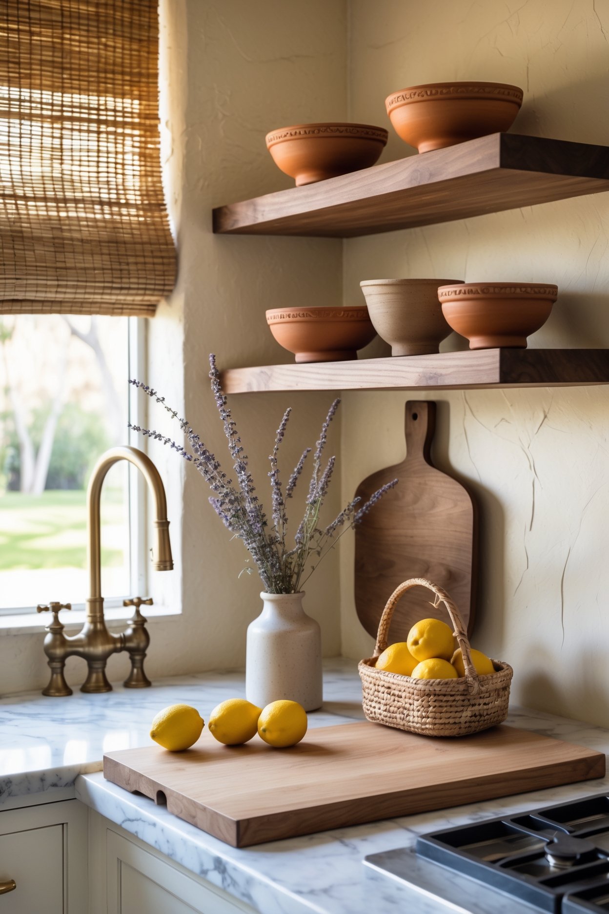 Earthy boho kitchen with limewashed walls, terracotta bowls on walnut shelves, brass faucet and lavender