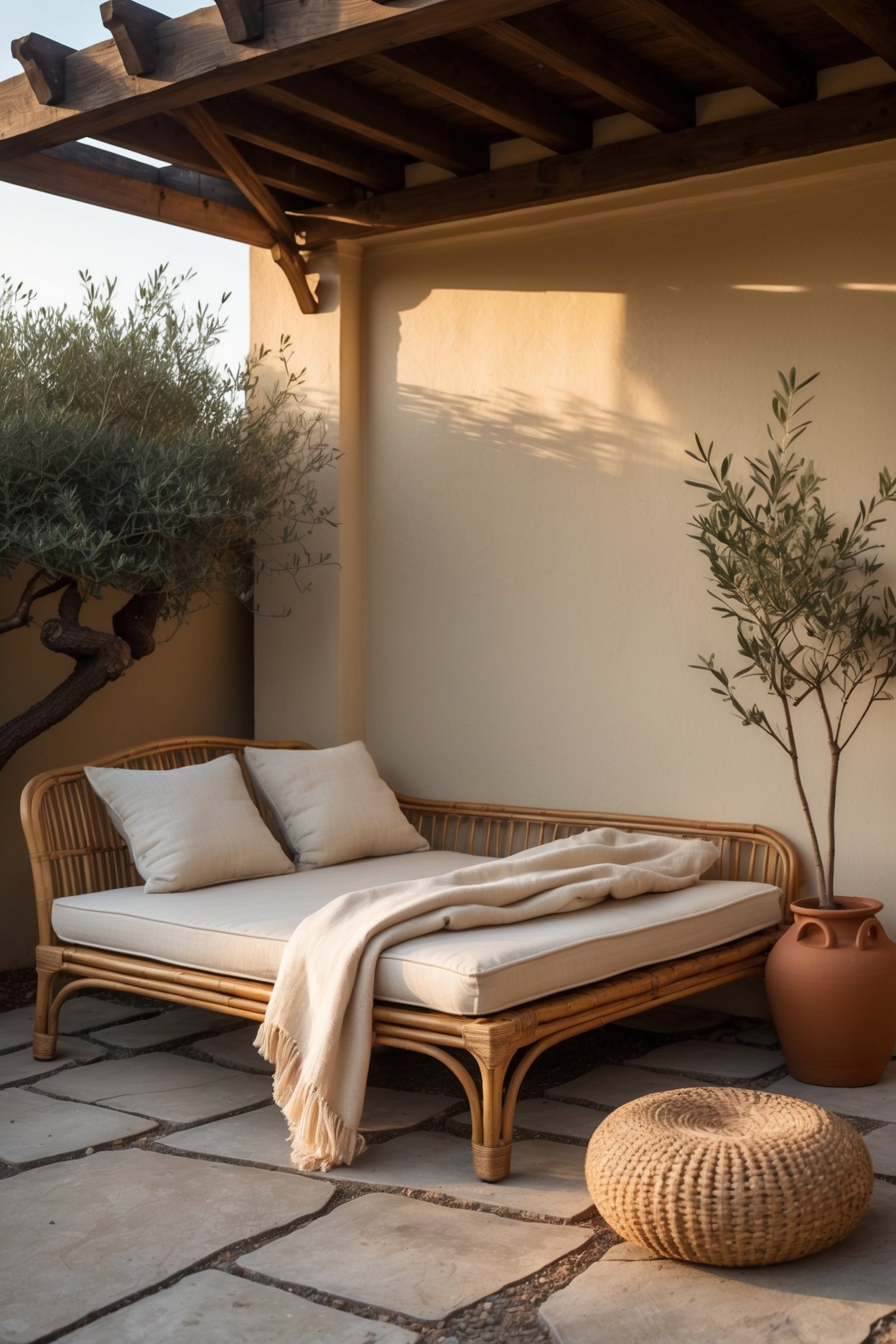 Rattan outdoor daybed with cream linen mattress under wooden pergola with olive tree and jute pouf on flagstone