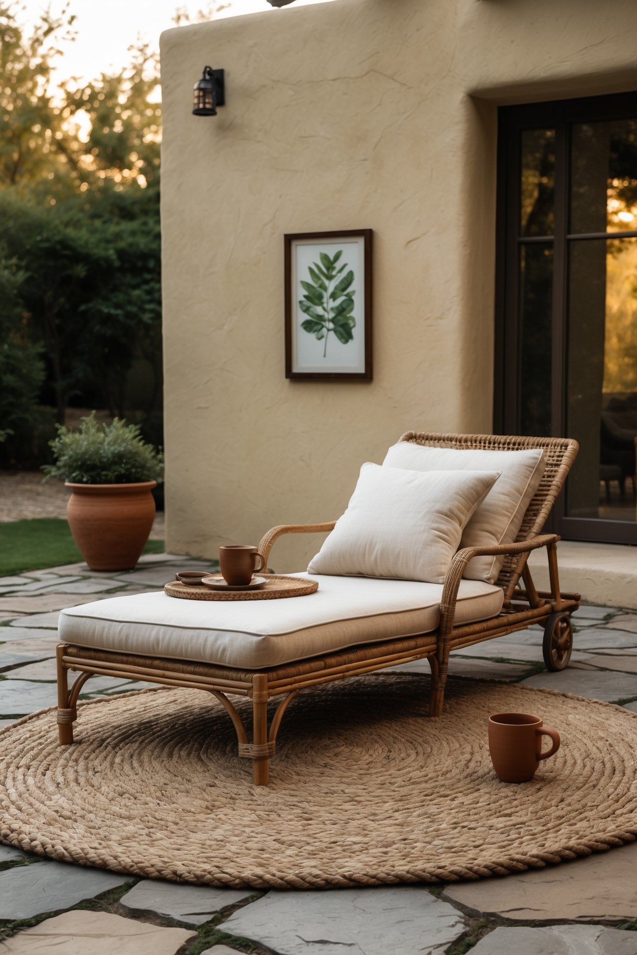 Large round braided jute outdoor rug on flagstone patio with rattan chaise lounger and cream cushion