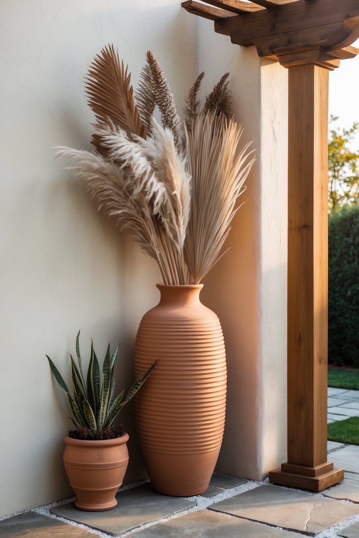 Tall ribbed terracotta floor vase with dried pampas grass and palm leaves on bohemian outdoor patio