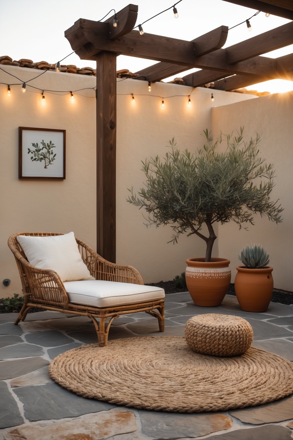 Bohemian outdoor patio with rattan chaise lounge, olive tree, terracotta planters, string lights and jute pouf on flagstone